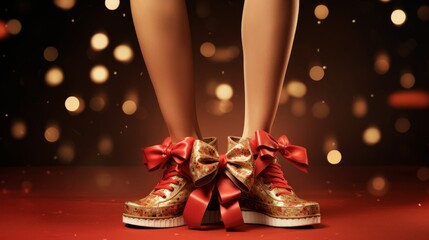 Female feet in funny holiday gift boots AI - obrazy, fototapety, plakaty