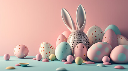 3D illustration of bunny with a basket of Easter eggs, ample copyspace on the side pastel color...