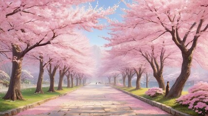 A Serene Stroll Through a Sakura Garden on a Sunny Spring Day. - obrazy, fototapety, plakaty