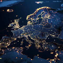 Vector illustration of Europe map at night, view of city lights on Earth from space, with interconnected nodes of light. 