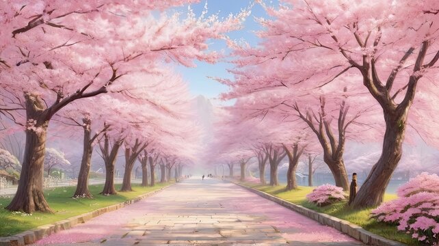 A Serene Stroll Through a Sakura Garden on a Sunny Spring Day.