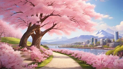 A Serene Stroll Through a Sakura Garden on a Sunny Spring Day. - obrazy, fototapety, plakaty