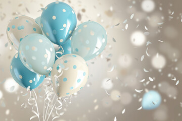 polka dot white and blue balloons with white confetti