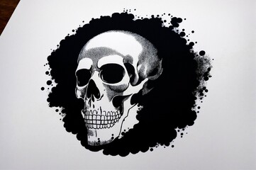 Skull with spray paint on white background. Black and white illustration