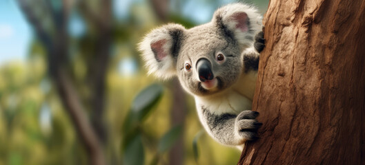 Obraz premium Cute fluffy koala climbed onto a tree branch