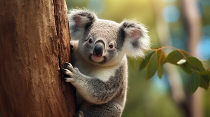 Cute fluffy koala climbed onto a tree branch