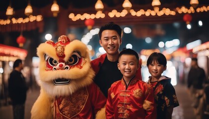 Naklejka premium potrait Chinese family with a lion dance in china town