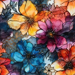 Seamless beautiful decorative watercolor flowers pattern background