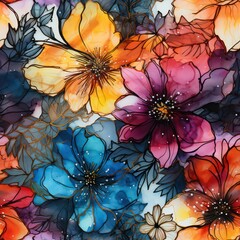Fototapeta premium Seamless beautiful decorative watercolor flowers pattern background