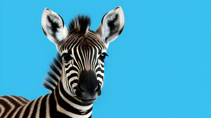 Fototapeta na wymiar Baby zebra face on blue background сlose up 
