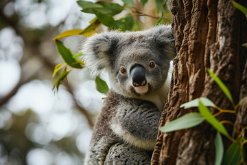 Naklejka premium An enchanting image of a round-faced chubby koala clinging to a eucalyptus tree, cheeks squished against the leaves, epitomizing the irresistible cuteness of pudgy marsupial compan