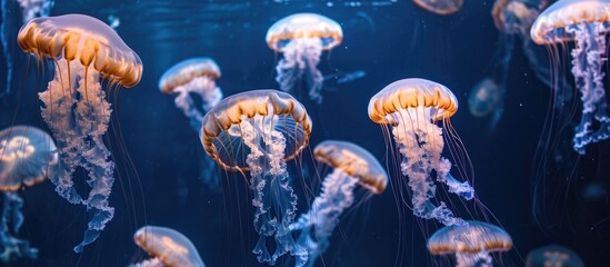 Jellyfish are oceanic creatures in the Cnidaria phylum. - obrazy, fototapety, plakaty