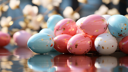 Stylized Easter eggs floating like balloons, copyspace in the upper half, pastel colors