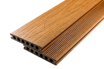 Wood plastic composite patio decking boards isolated on white background