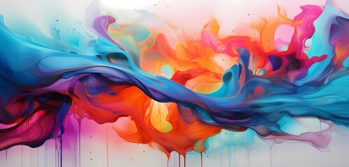 Splashes of vibrant liquid painting an abstract masterpiece, capturing the essence of fluid flow in a burst of intense colors
