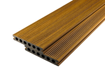 Wood plastic composite patio decking boards isolated on white background