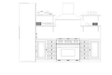 Kitchen interior furniture isolated on a white background, outline illustration, sketch