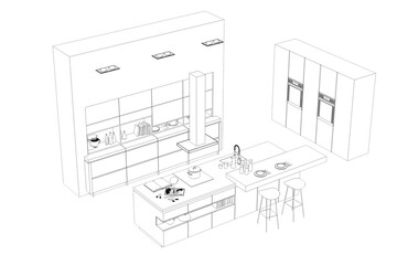 Kitchen interior furniture isolated on a white background, outline illustration, sketch