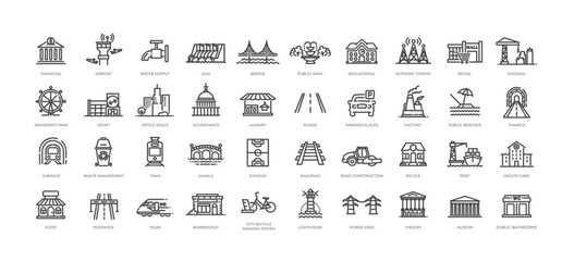 Set of line icons related ro public infrastructure. City elements - obrazy, fototapety, plakaty