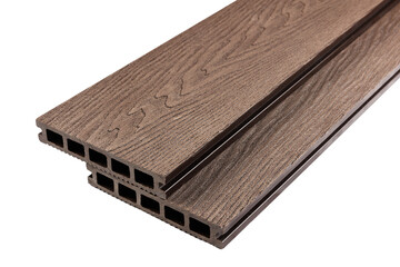 Wood plastic composite patio decking boards isolated on white background