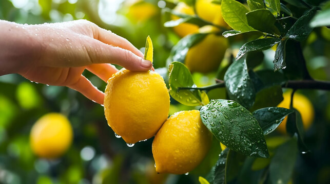 Hand reaching out to a fresh yellow lemon on a lemon tree with water drop in lemon farm field.Healthy food concept,organic fruits and vegetables.