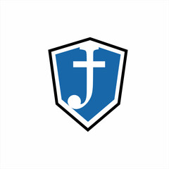 Obraz premium Letter J logo design with cross and shield.
