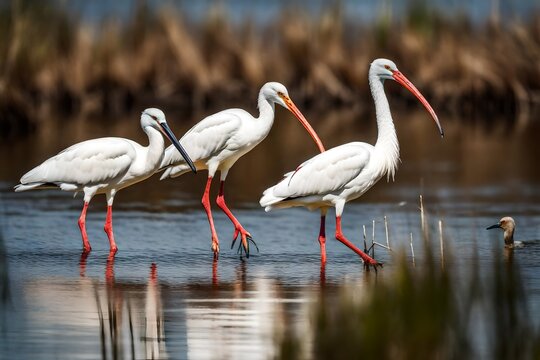 white stork in the water, White Ibis and Snowy Egret stock photo
