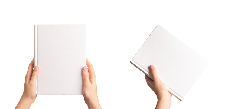 Book cover mockup in hand. Blank empty hardcover mock up set isolated on white