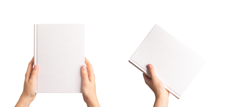 Book cover mockup in hand. Blank empty hardcover mock up set isolated on white