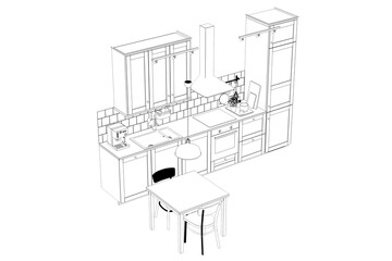 Kitchen interior furniture isolated on transparent background, outline illustration, sketch
