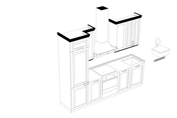 Kitchen interior furniture isolated on transparent background, outline illustration, sketch