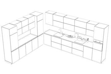 Fototapeta premium Kitchen interior furniture isolated on transparent background, outline illustration, sketch