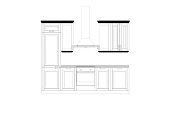 Kitchen interior furniture isolated on transparent background, outline illustration, sketch