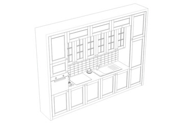 Kitchen interior furniture isolated on transparent background, outline illustration, sketch