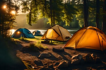 tent in the forest, Camp by the river in the setting sun stock photo-