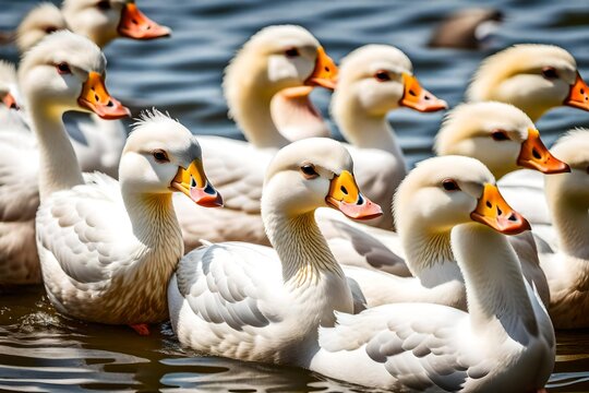group of ducks, Group of white Pekin Ducks quacking stock photo-