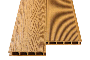 Wood plastic composite patio decking boards isolated on white background