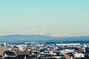 Obraz premium City of Lyon with in the background the alps and the famous Mont Blanc. 