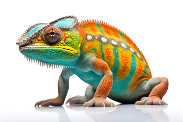 Very colored chameleon on white background. Generative AI