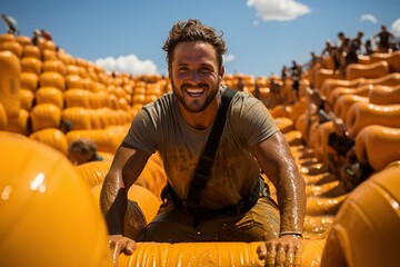 Exhilarating moment of a man conquering a sea of orange obstacles during a vibrant race