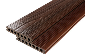Wood plastic composite patio decking boards isolated on white background