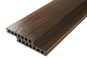 Wood plastic composite patio decking boards isolated on white background