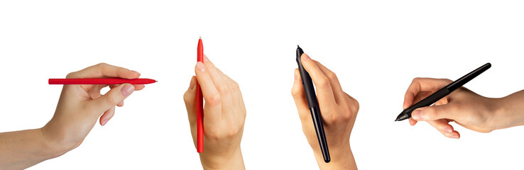 Hand holding red pen, digital stylus black pencil, drawing, top and side view, isolated on white - obrazy, fototapety, plakaty