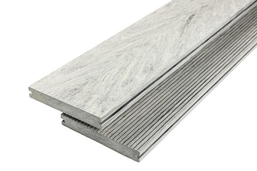 Wood plastic composite patio decking boards isolated on white background