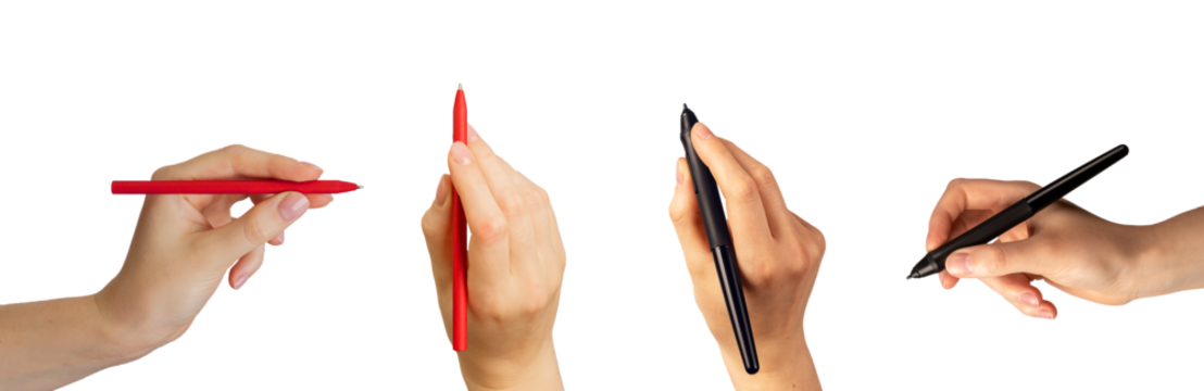 Hand holding red pen, digital stylus black pencil, drawing, top and side view, isolated on white
