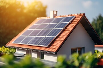 Solar panels on the roof of a house. Sustainable green energy concept. Ai Generative