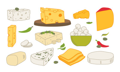 Set of pieces and slices of cheese isolated on a white background. Vector head of cheese in doodle linear style isolated on white background