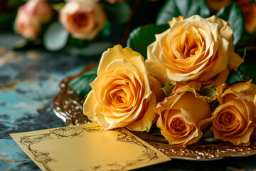 roses and golden card on a tray celebration background