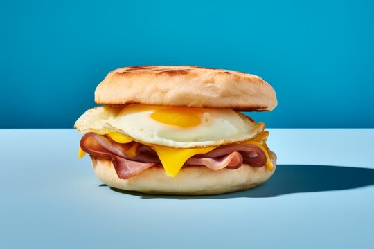 English muffin with fried egg, ham and cheese breakfast on the blue background