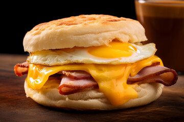 English muffin with fried egg, ham and cheese breakfast on the wooden board